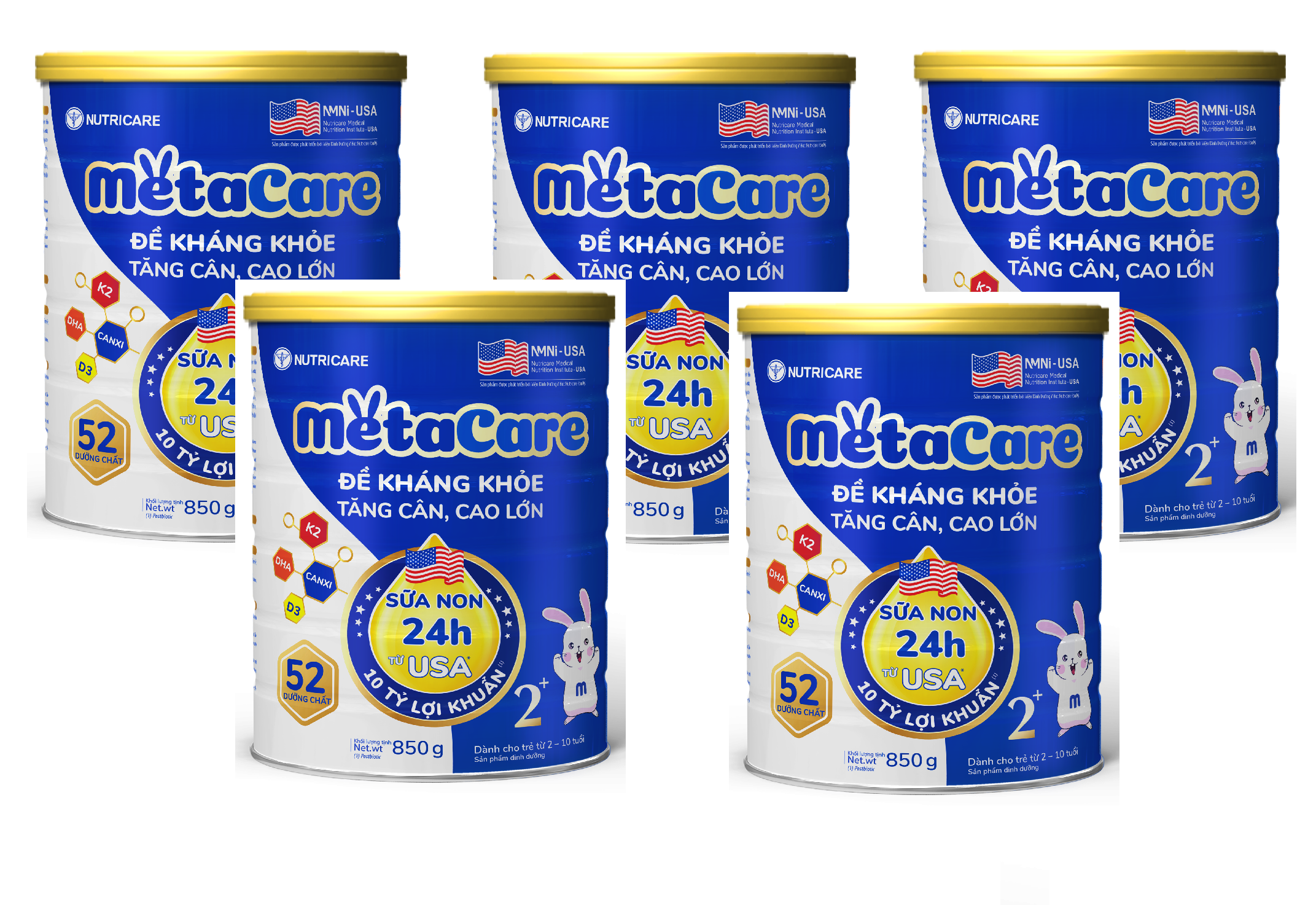 Combo 5 lon Sữa bột Nutricare MetaCare 2+ lon 850g - Đề kháng khoẻ, Tăng cân, Tăng cao