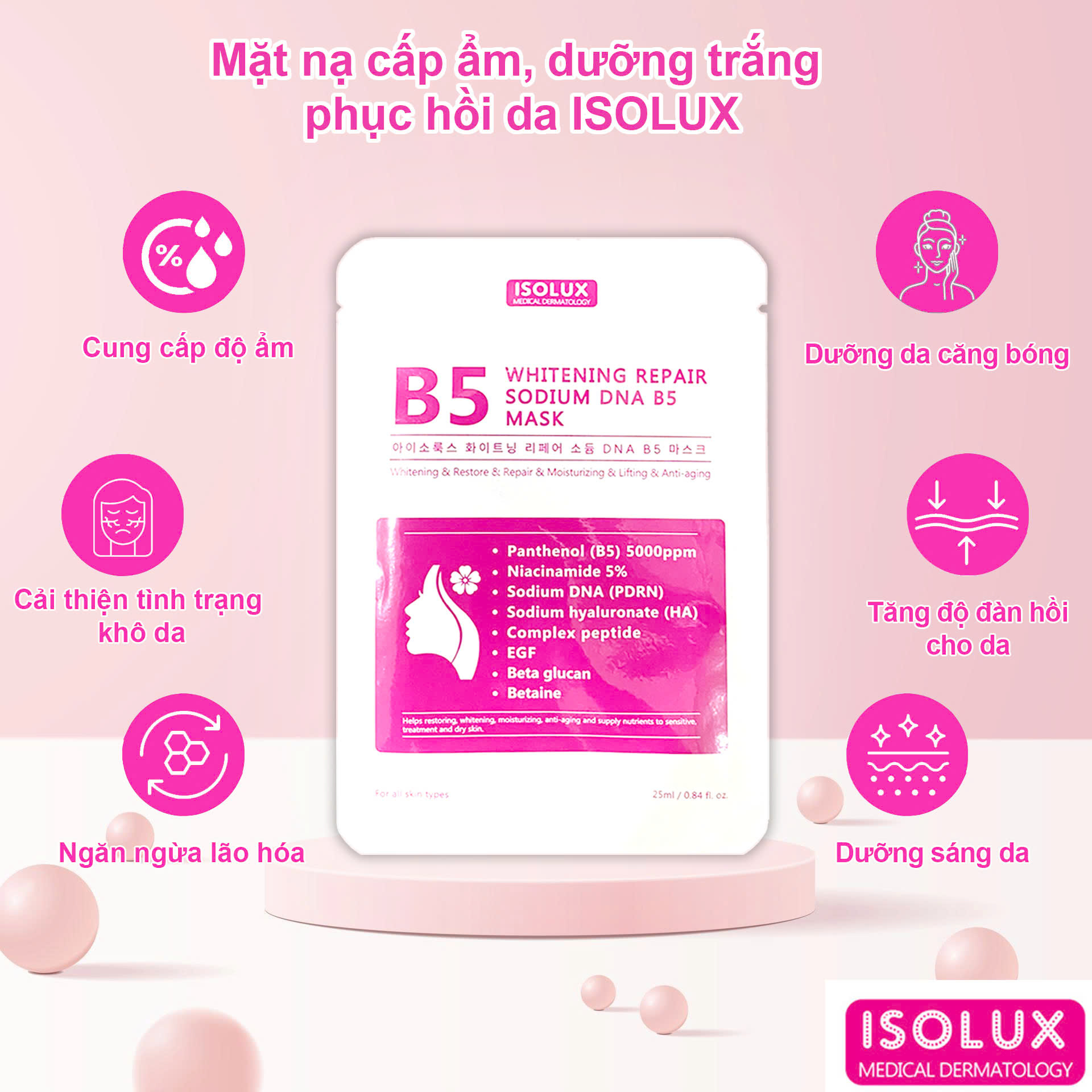 Mặt nạ ISOLUX Whitening Repair Sodium DNA B5 mask 25ml hạn 2027 dưỡng trắng cấp ẩm phục hồi