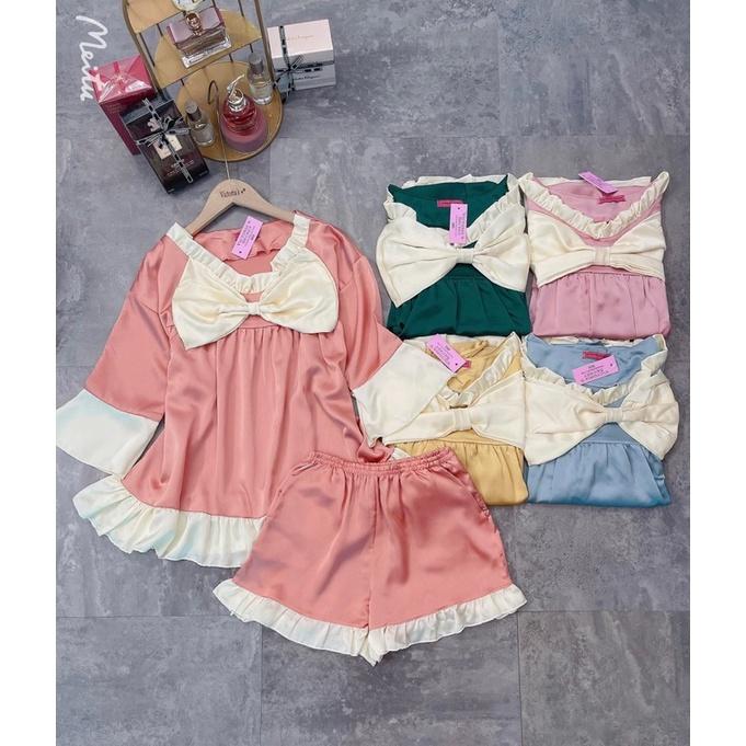 Bộ Lụa Satin Nơ Tay Cộc , Quần Cộc Không Nhăn, Không Bai Giãn, Không Phải màu