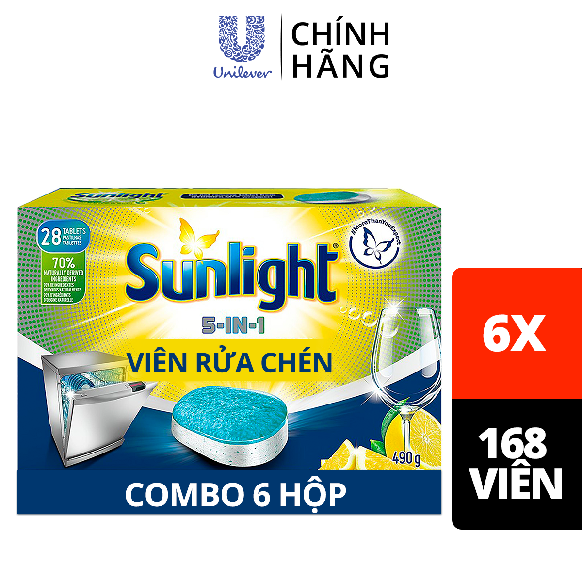 Combo 6 Hộp Viên Rửa Chén Bát Sunlight 5 in 1 Cho máy rửa chén bát Công nghệ PureClean không để lại vêt ố