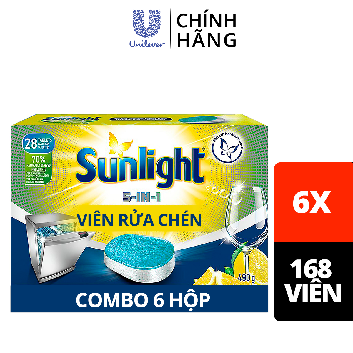 Combo 6 Hộp Viên Rửa Chén Bát (28V/hộp) Sunlight 5 in 1 Cho máy rửa chén bát Công nghệ PureClean không để lại vêt ố