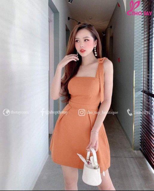 Đầm xòe 2 dây nơ vai kèm mút siêu HOT