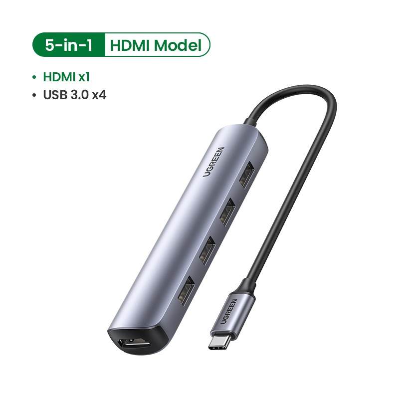 Hub USB Type-C 5 trong 1 ra HDMI 4K@30Hz, USB 2.0, USB 3.0, Sạc PD 100W Ugreen 15495 hàng chính hãng