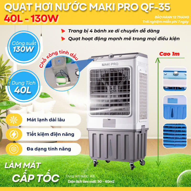 Quạt Hơi Nước MAKI PRO QF35 Dung Tích 40 Lít Công suất 130W 4 Bánh Xe Di Chuyển Diện Tích Làm Mát Đến 40m2 hàng nhập khẩu