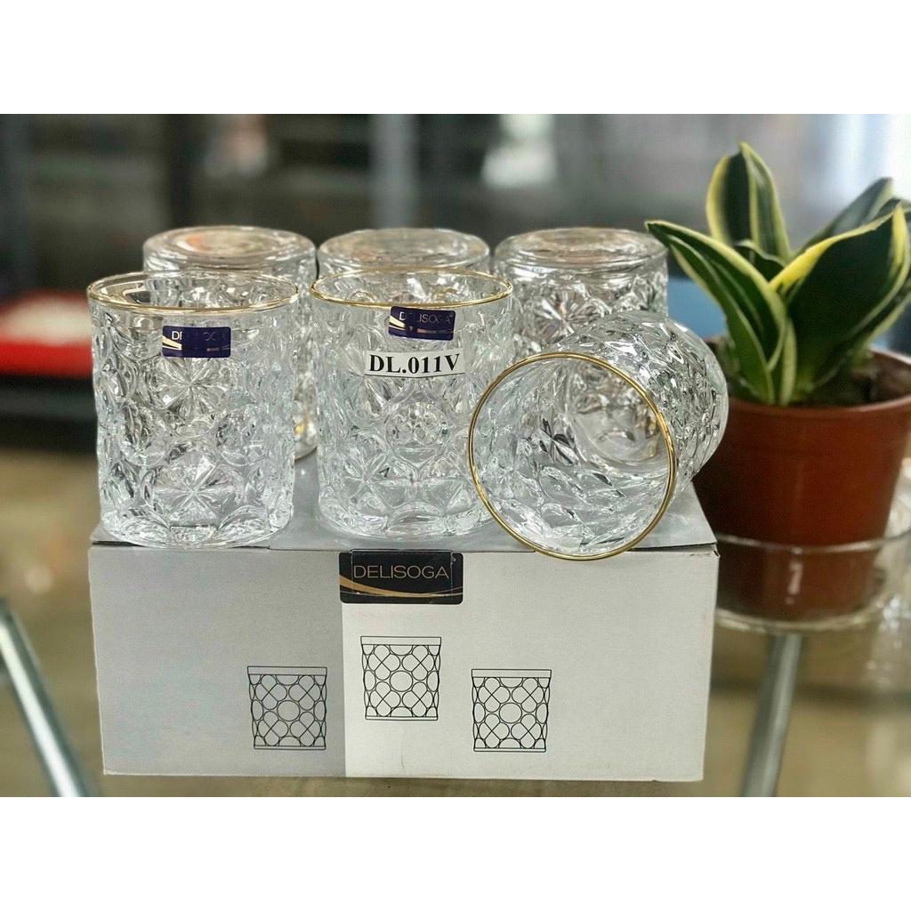 Ly thủy tinh chịu nhiệt uống nước viền vàng vân bóng tròn