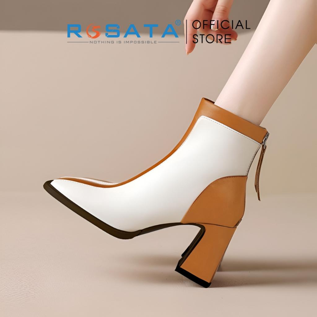 Giày bốt nữ cổ cao đế vuông 8 phân mũi nhọn khóa kéo sau phối màu ROSATA RO610 ( BẢO HÀNH 12 THÁNG ) - ĐEN