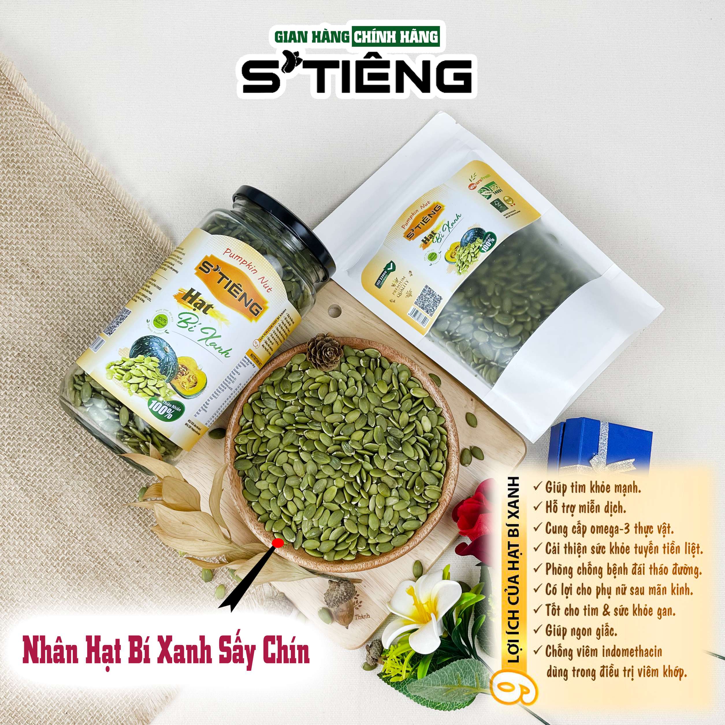 Nhân Hạt Bí Xanh S'TIÊNG Tươi Sống - Sấy Chín Sạch Vỏ