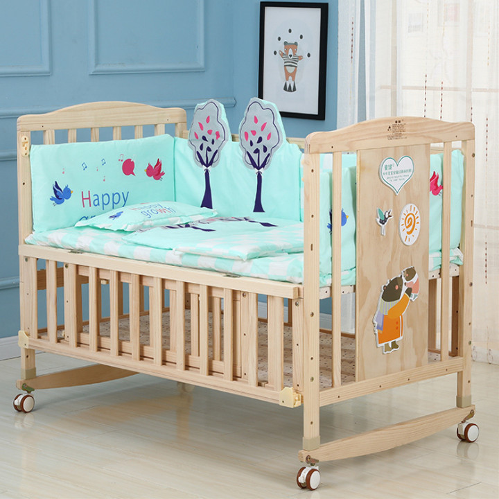 Cũi gỗ 2 tầng kích thước 1m2 có thể kéo dài thành giường 1m6 tặng kèm đệm sơ dừa , màn chống côn trùng