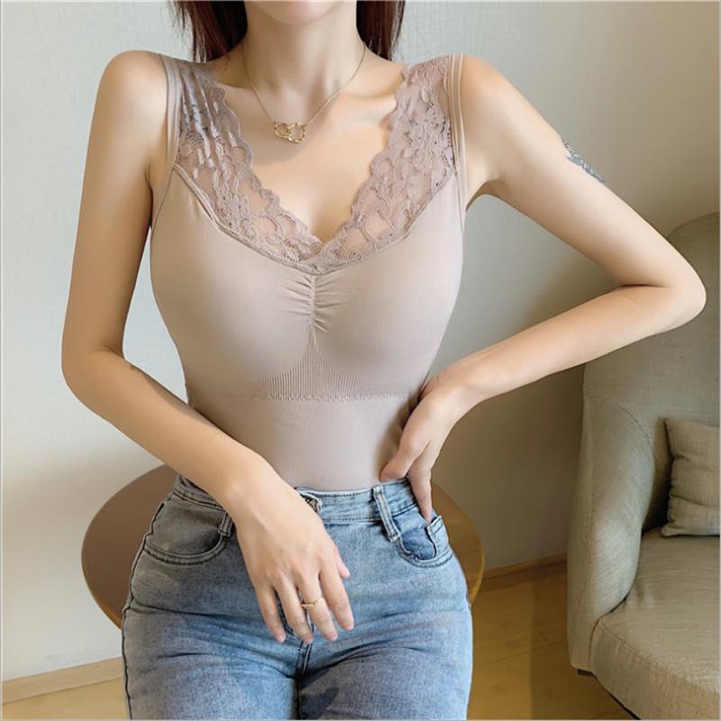 2021 Mùa Thu Và Mùa Đông Liền Mạch Ren Cổ Chữ V Đáy Sling Trang Vest Quần Lót Sinh Nhiệt Với Ngực Bên Trong Mặc Cho Nữ