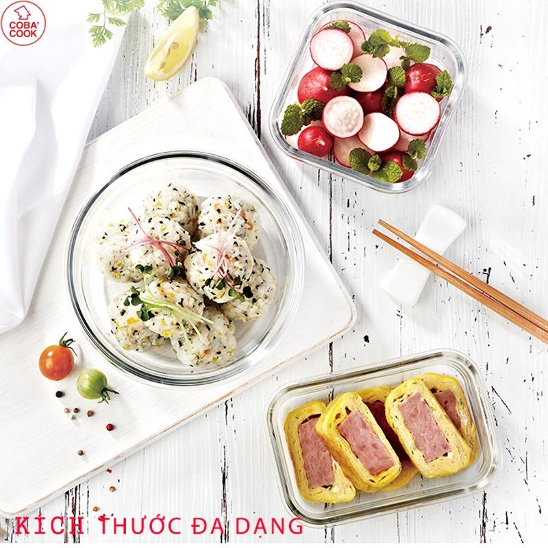 Bộ 3 hộp thủy tinh trữ thực phẩm COBA'COOK chịu nhiệt chữ nhật 1041ml vuông 520ml tròn 400ml COBA'COOK - CCR4S5L13