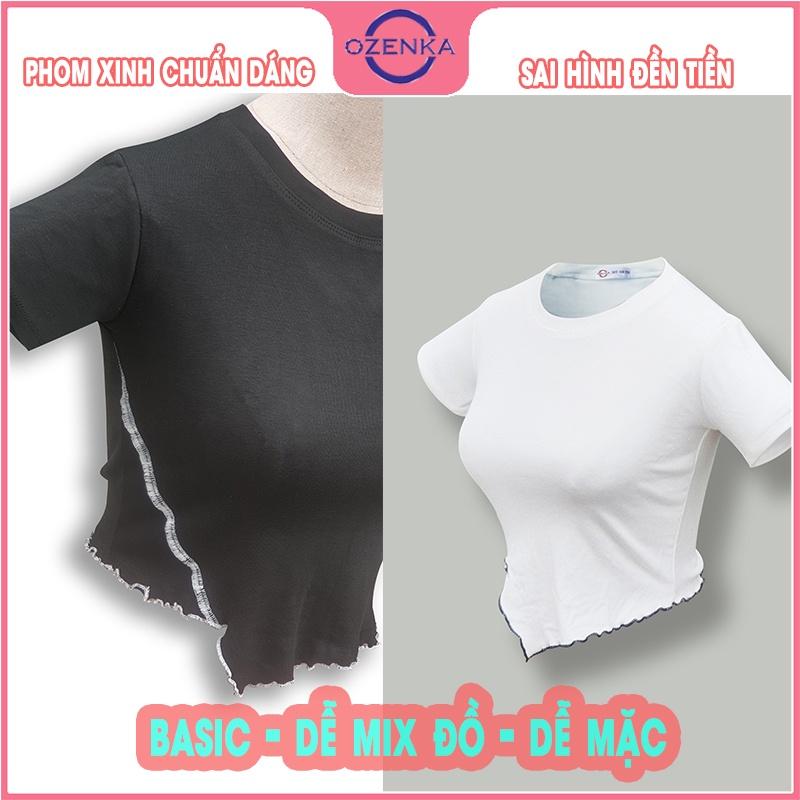 Áo croptop ngắn tay cổ tròn ôm body nữ, áo crt vạt lệch cải viền đẹp màu đen trắng dưới 50 cân