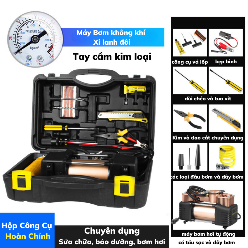 Bộ Bơm Lốp Ô Tô, Xe Hơi 2 Xi Lanh Công suất lớn,thiết kế mạ đồng Siêu Bền.Kèm Hộp và dụng Vá sửa chữa khẩn cấp