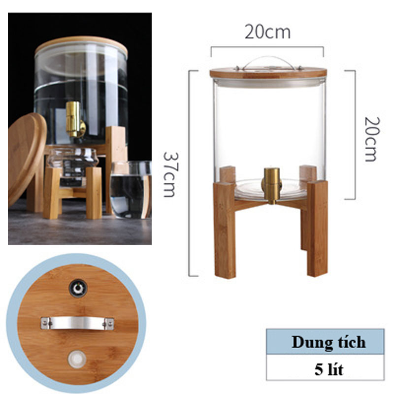 Bình thủy tinh đựng nước chịu nhiệt, bình ngâm nước trái cây có vòi kèm kệ gỗ sang trọng