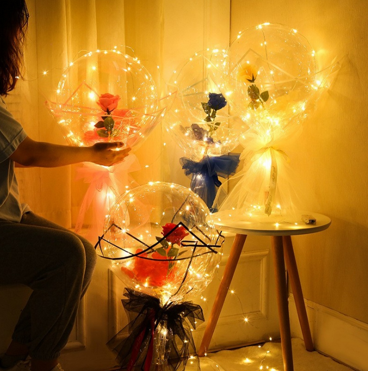 Hoa Hồng Bong Bóng Hình Tròn Có Đèn Led Dễ Thương