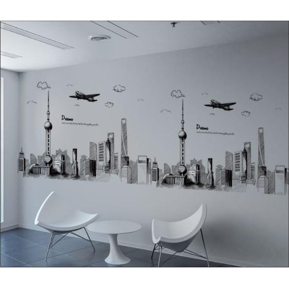 Decal trang trí tường - Thành Phố Tranh Vẽ Đen Trắng size lớn