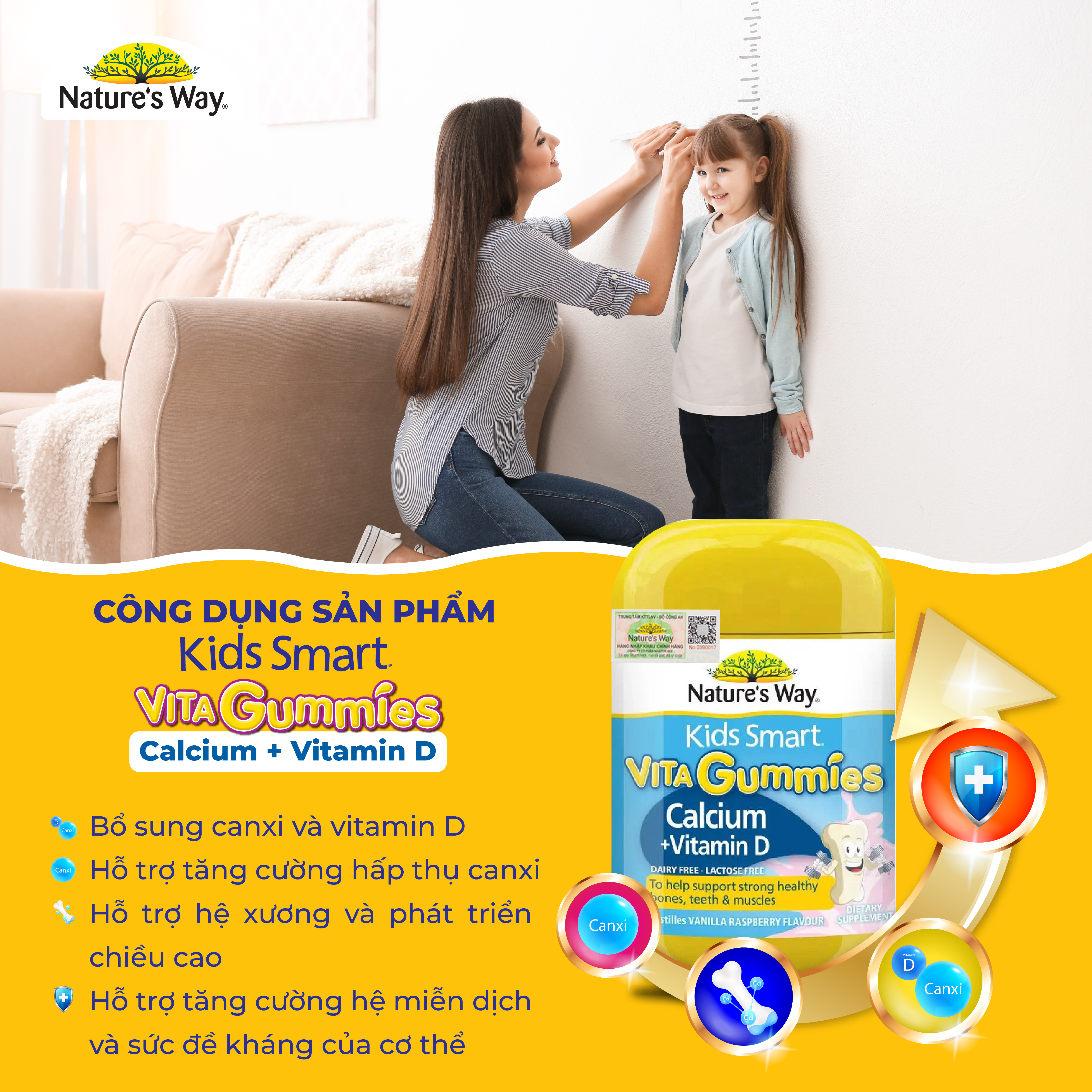 Kẹo Dẻo Vi Chất Cho Bé Nature’s Way Kids Smart Vita Gummies Calcium + Vitamin D Hỗ Trợ Phát Triển Chiều Cao 60 Viên