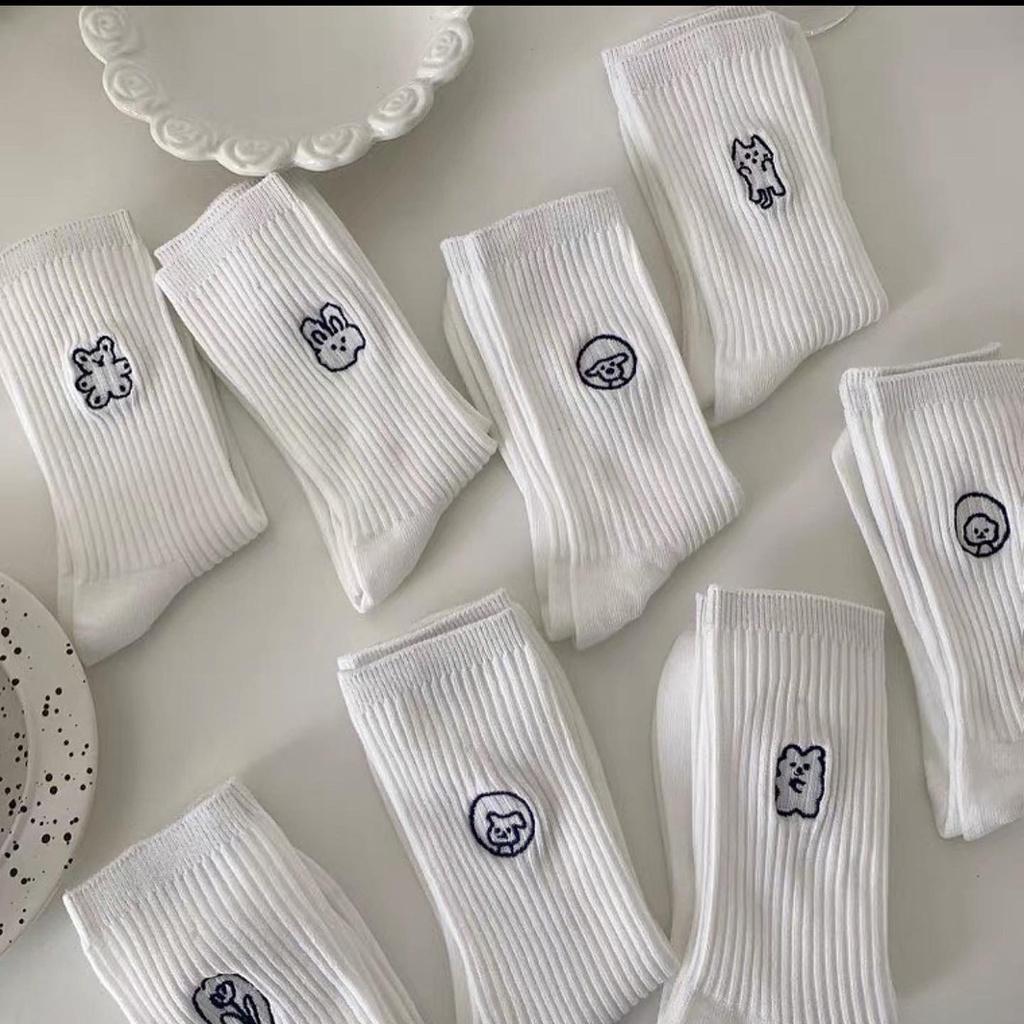 Tất Cao Cổ Nam Nữ Vớ Cao Cổ Thêu Họa Tiết Nhỏ Xinh Chất Cotton Mịn Mát Tất Trắng Lolita Cao Cổ Nữ Camcamvintage