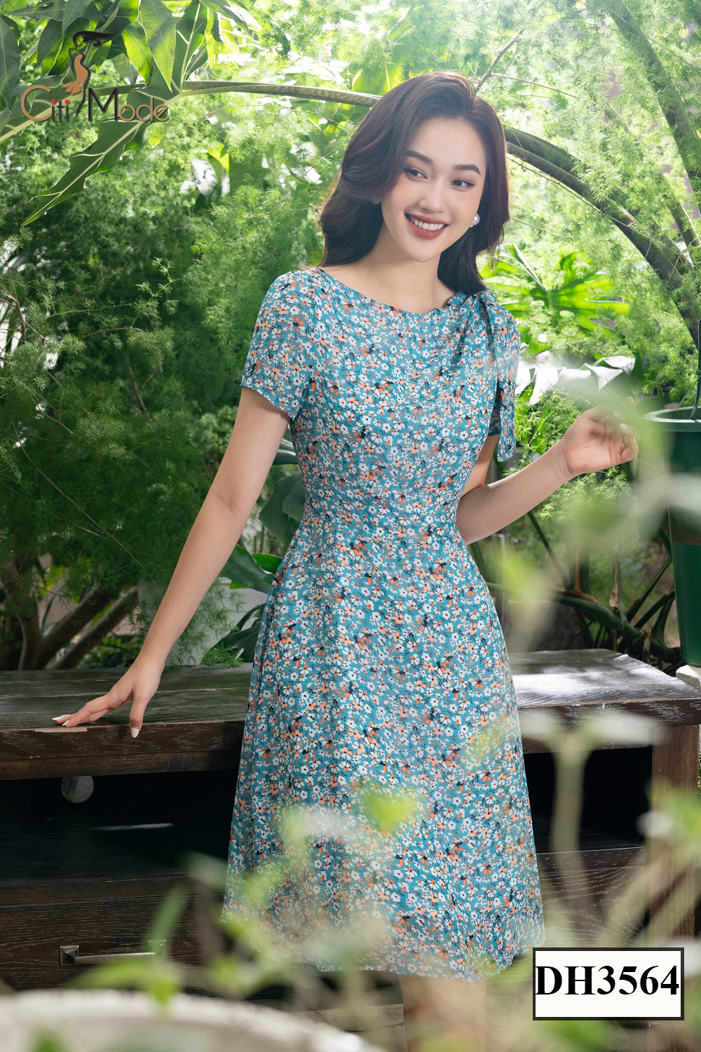 Đầm xoè hoa nhí xanh dương phối nơ vai DH3564