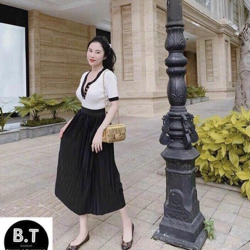 MS495 Chân váy midi dập ly dáng dài cạp chun basic