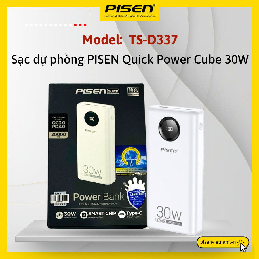 Pin dự phòng PISEN QUICK Power Cube TS-D337 20000mAh, công suất 30W sạc nhanh hai chiều - Hàng chính hãng