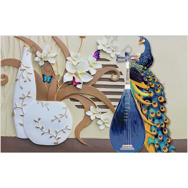 Tranh phong thủy chim công hòa hợp với đàn tranh, Tranh dán tường 3d hiện đại MS958531