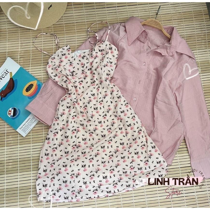 Sét Đầm 2 Dây Hoa Nhí Mix Áo Sơ Mi Váy 2 Dây Hoa Mix Áo Sơ Mi Nữ Linh Trần Store