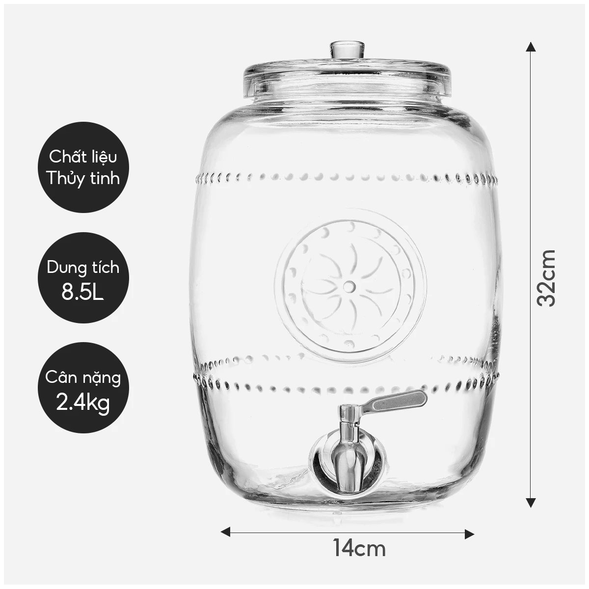 Bình ngâm thuỷ tinh có vòi rót Inox Aus Glas LBL1223 dung tích 8.5L chuẩn Đức