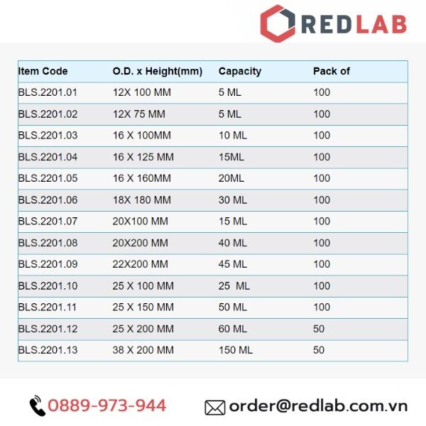 Ống thí nghiệm thủy tinh có nắp đậy 5ml 10ml 15ml 20ml 30ml 40ml 45ml 50ml 60ml BIOHALL GERMANY