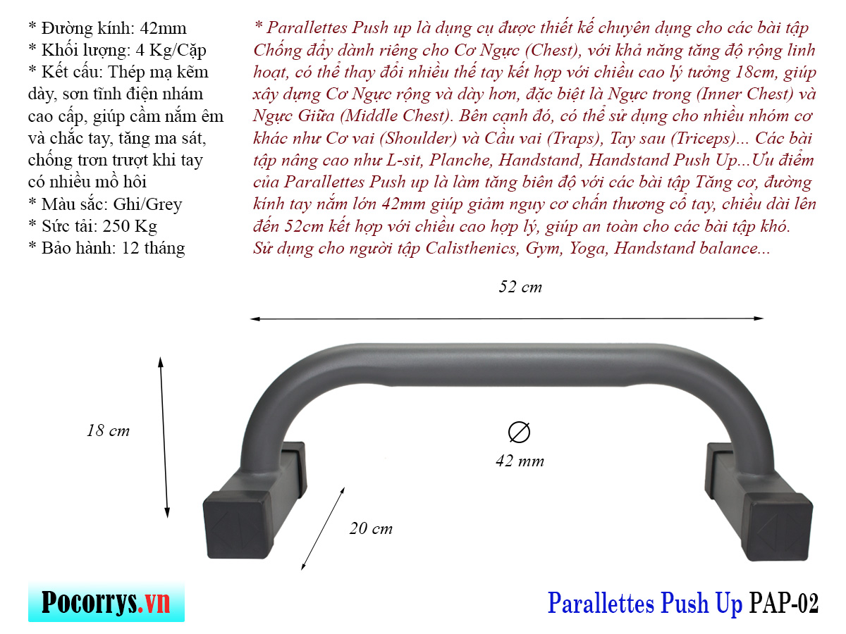 Combo 3 bộ Xà kép, Dụng cụ chống đẩy, Parallettes Pocorrys 02, Màu ghi