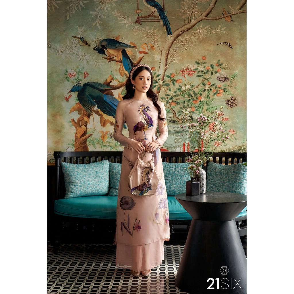 Áo dài cổ kiềng in họa tiết công nhỏ 21SIX tơ óng Oriental Jade - A00433