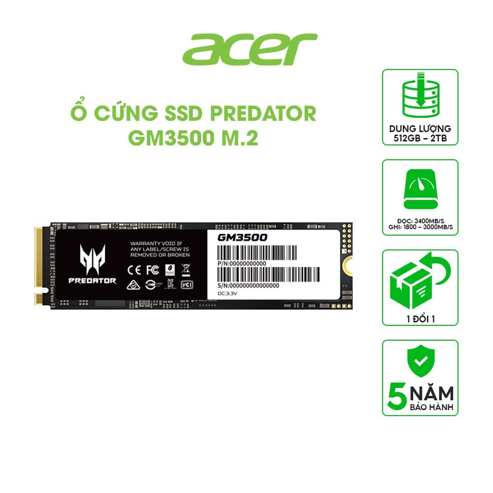 Ổ cứng Acer SSD Predator GM3500 M.2 Flagship Gaming Tốc độ đọc 3400 MB/s - HÀNG CHÍNH HÃNG Bảo hành 5 năm