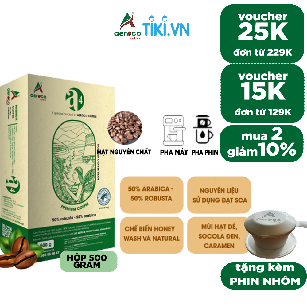 Cà phê hạt rang AEROCO A4 pha phin và pha máy, hộp 500g, nguyên chất 100% rang mộc hậu vị ngọt thơm quyến rũ