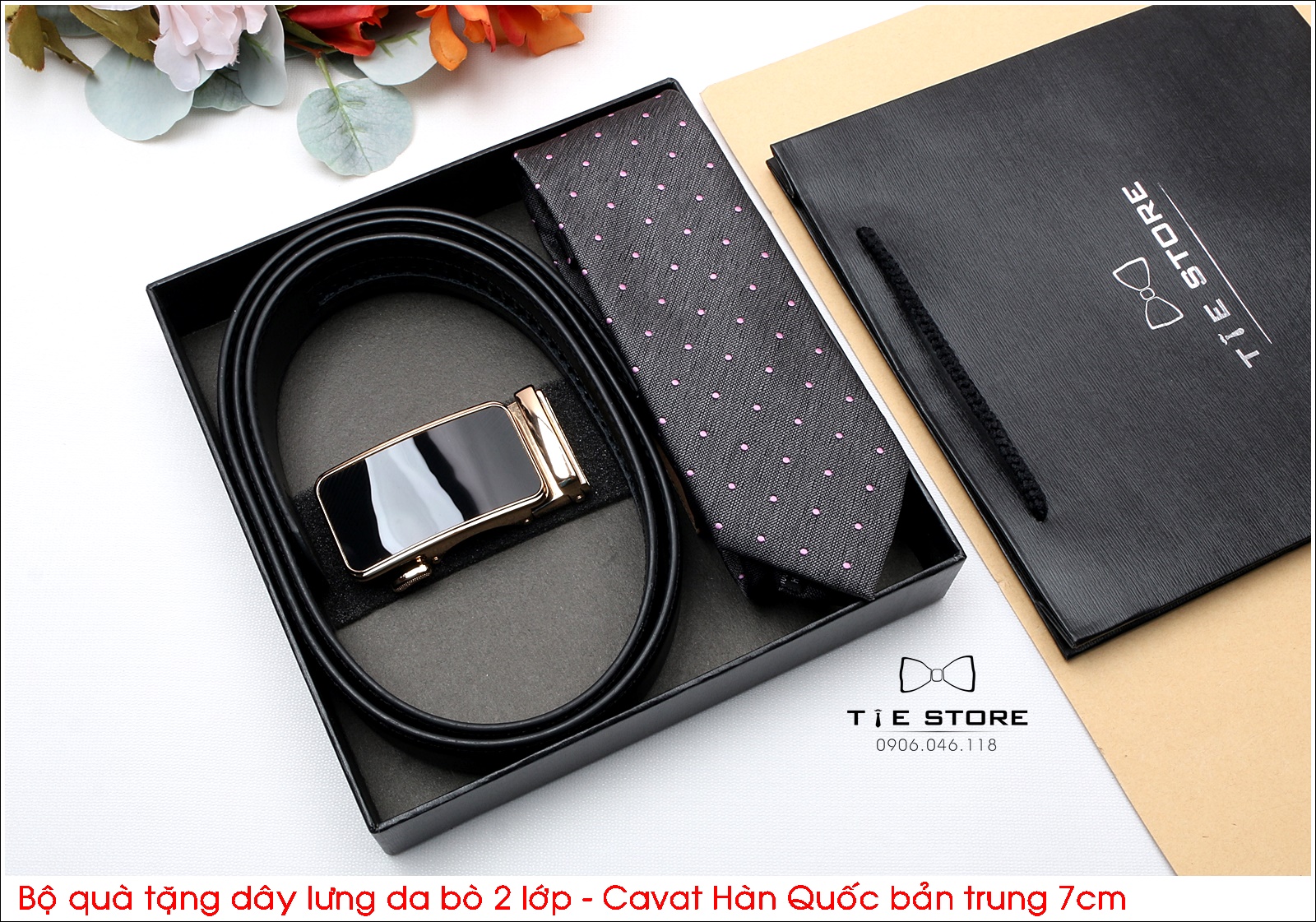 Bộ quà tặng thầy, tặng người thân, tặng sếp, Dây lưng da bò 2 lớp - Cavat hàn quốc bản trung 7cm - Full box
