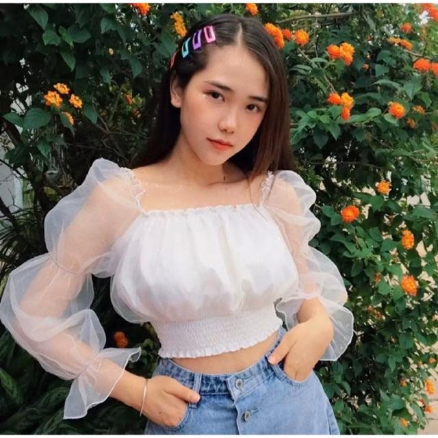 Áo voan trễ vai tay lưới croptop, áo tay lưới trễ vai