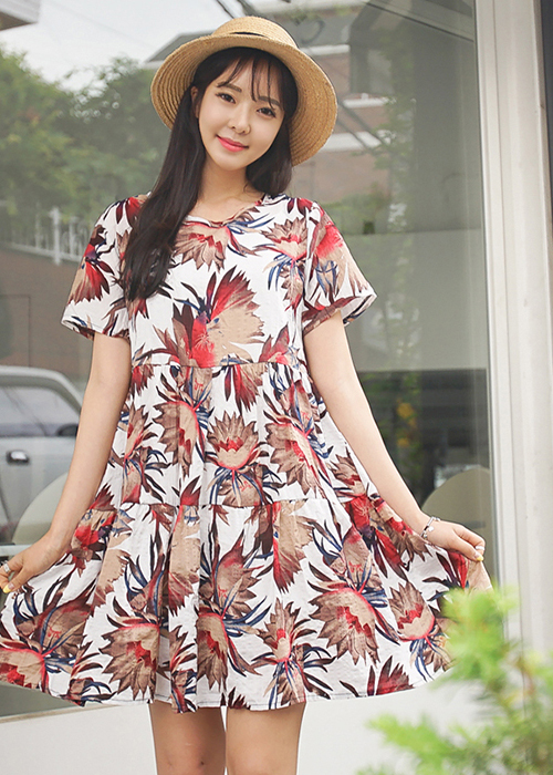 Đầm Mini Hoa Xòe Cổ Tròn Freesize