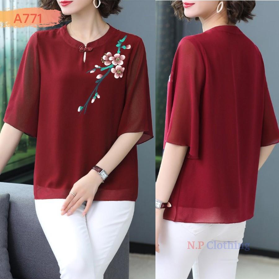 ️Có Big Size️Áo Kiểu Trung Niên Phối Họa Tiết Hoa Sang Trọng Đi Tiệc Cho Mẹ U50-80