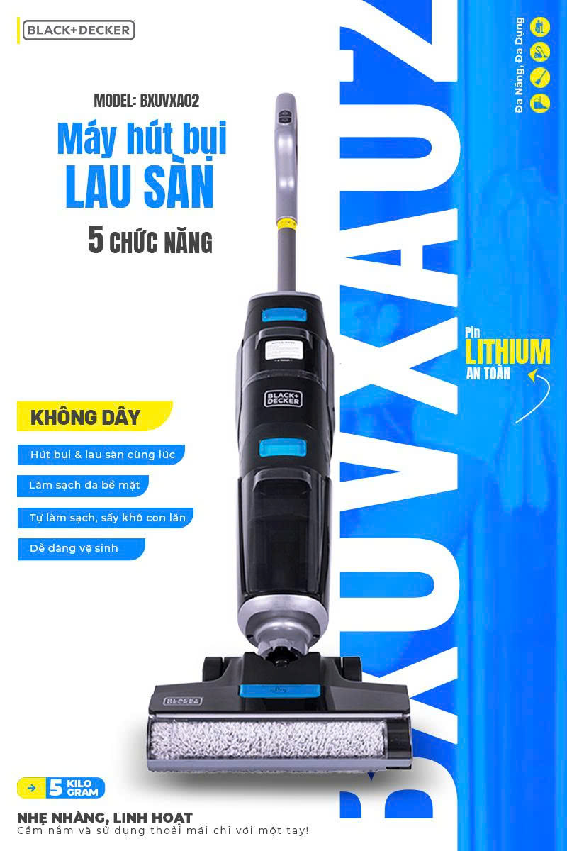 Máy hút bụi không dây lau sàn thông minh 5 chức năng Black+Decker BXUVXA02 -HÀNG CHÍNH HÃNG