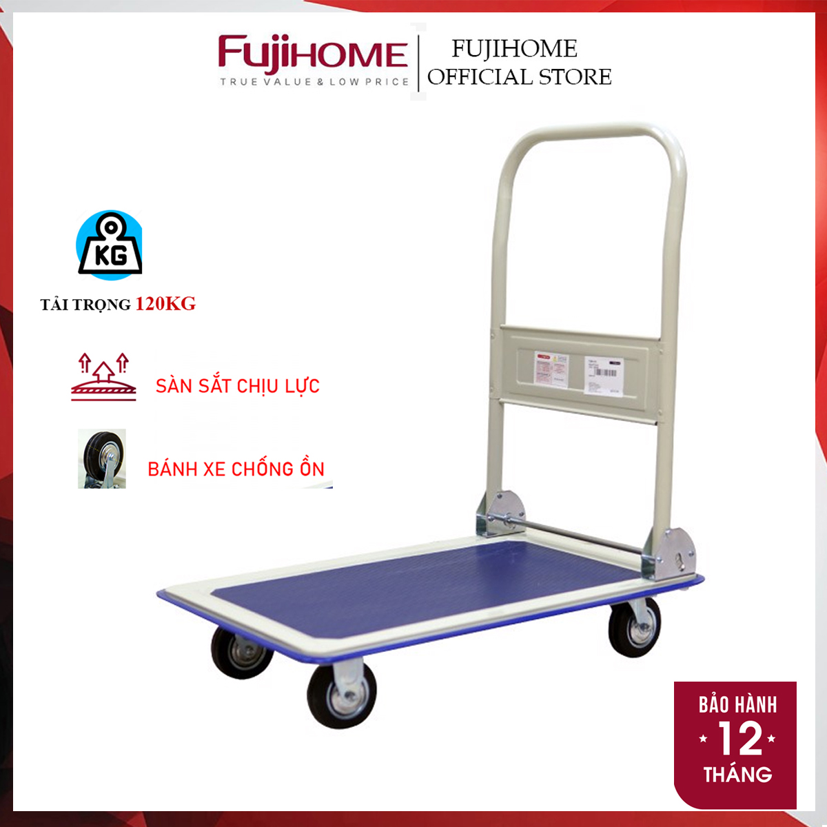 Xe đẩy hàng gấp gọn 4 bánh 120kg sàn thép nhập khẩu FUJIHOME SH150 - bánh xe chống ồn, Chính hãng bảo hành 1 năm