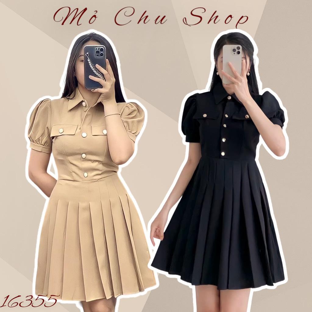 Đầm sơmi xoè xếp ly đính nút