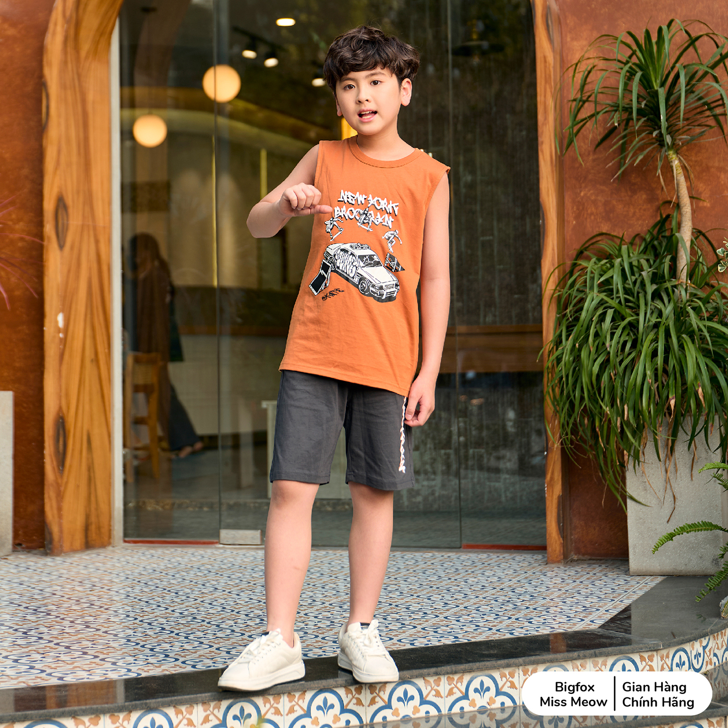 Bộ ba lỗ sát nách bé trai Bigfox Miss Meow size đại mặc nhà mùa hè kiểu Hàn Quốc in New York cỡ 12 - 15 tuổi 40kg 50kg