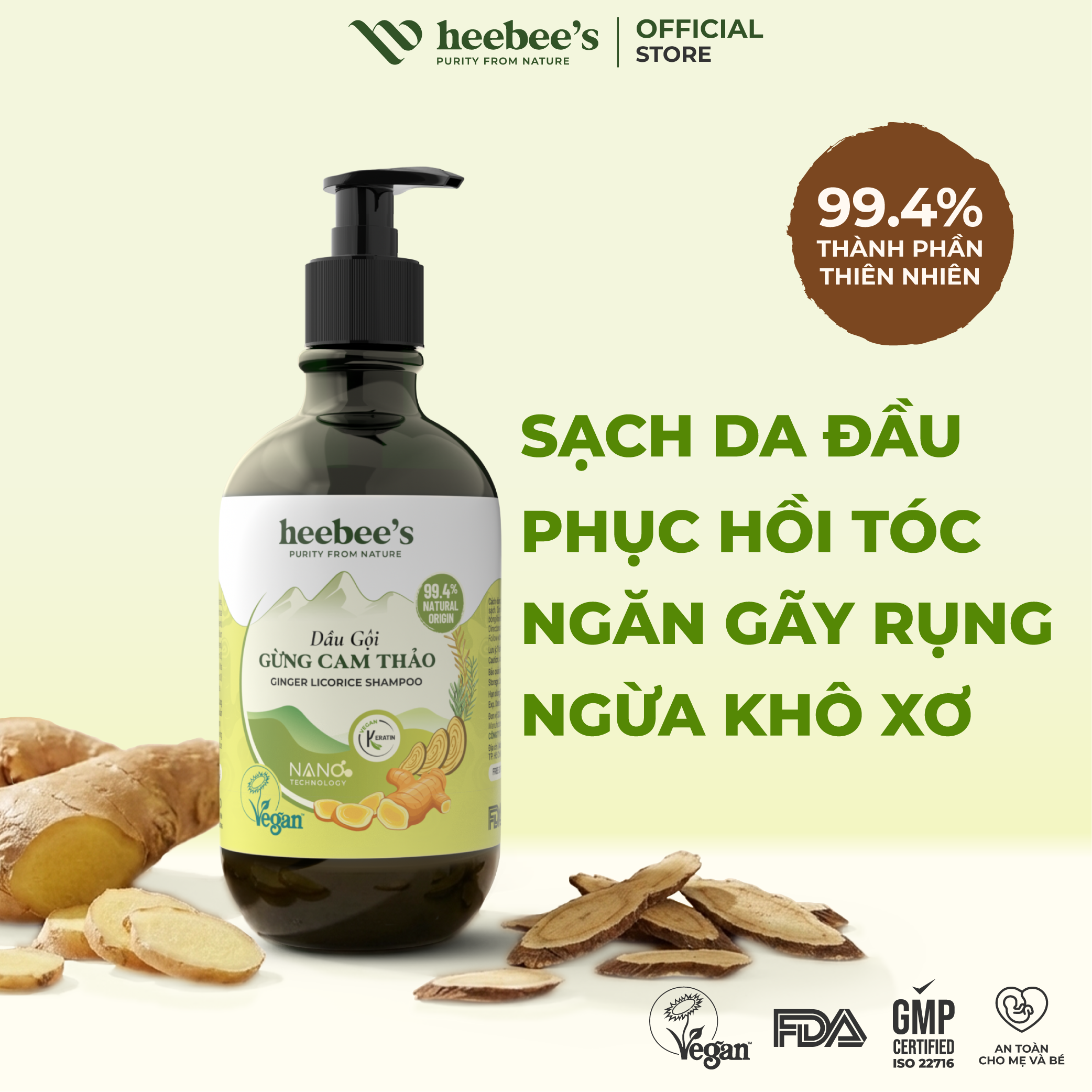 Dầu Gội Gừng Cam Thảo Heebee’s Sạch Da Đầu, Ngăn Gãy Rụng, Kích Thích Mọc Tóc, Suôn Mượt, Bảo Vệ Màu Nhuộm 300/500ml