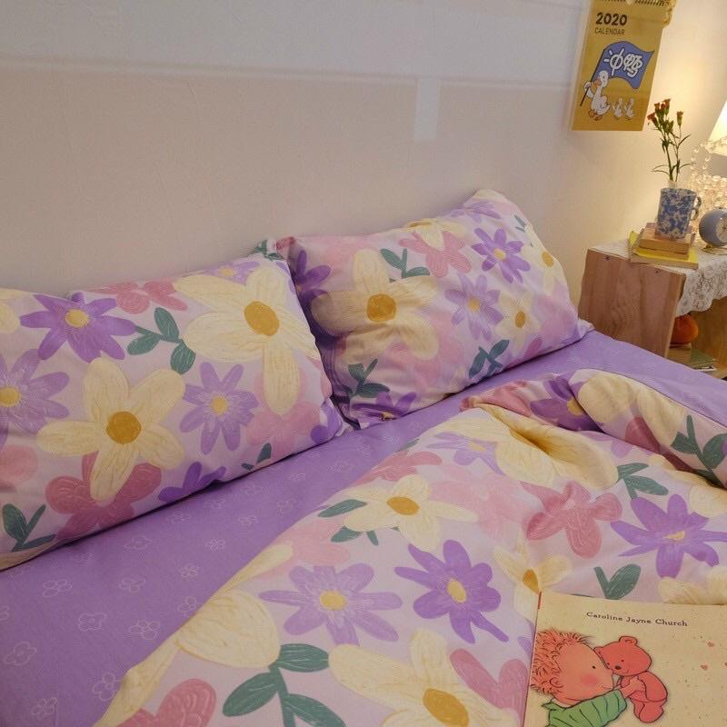 Set Ga Gối Cotton Living 100%cottonHàng Nhập Khẩu Cao Cấp 4 Món Hoa Tím