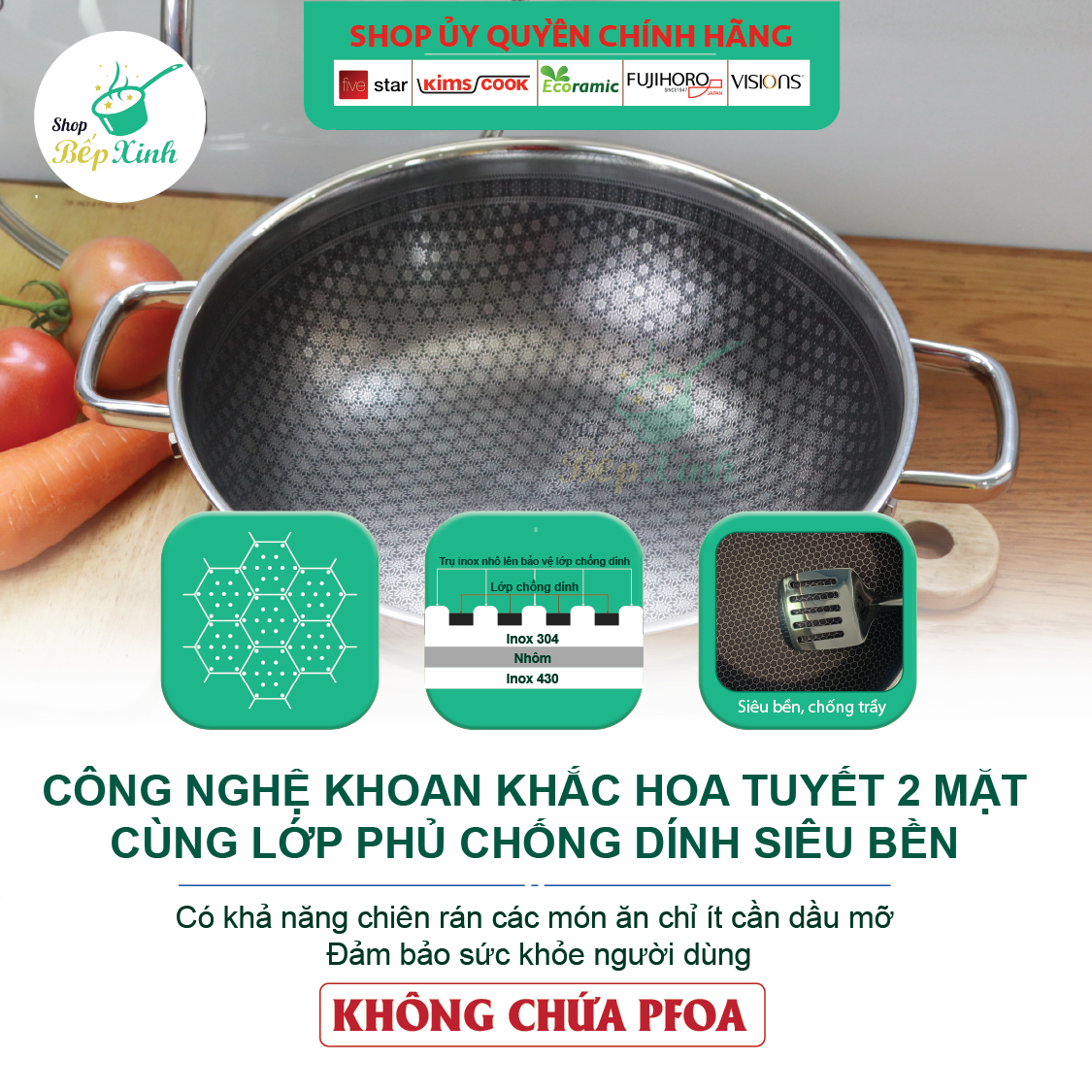 Chảo sâu Noon Song inox 3 lớp đáy từ nắp kính chống dính 2 mặt KIMS COOK 30cm