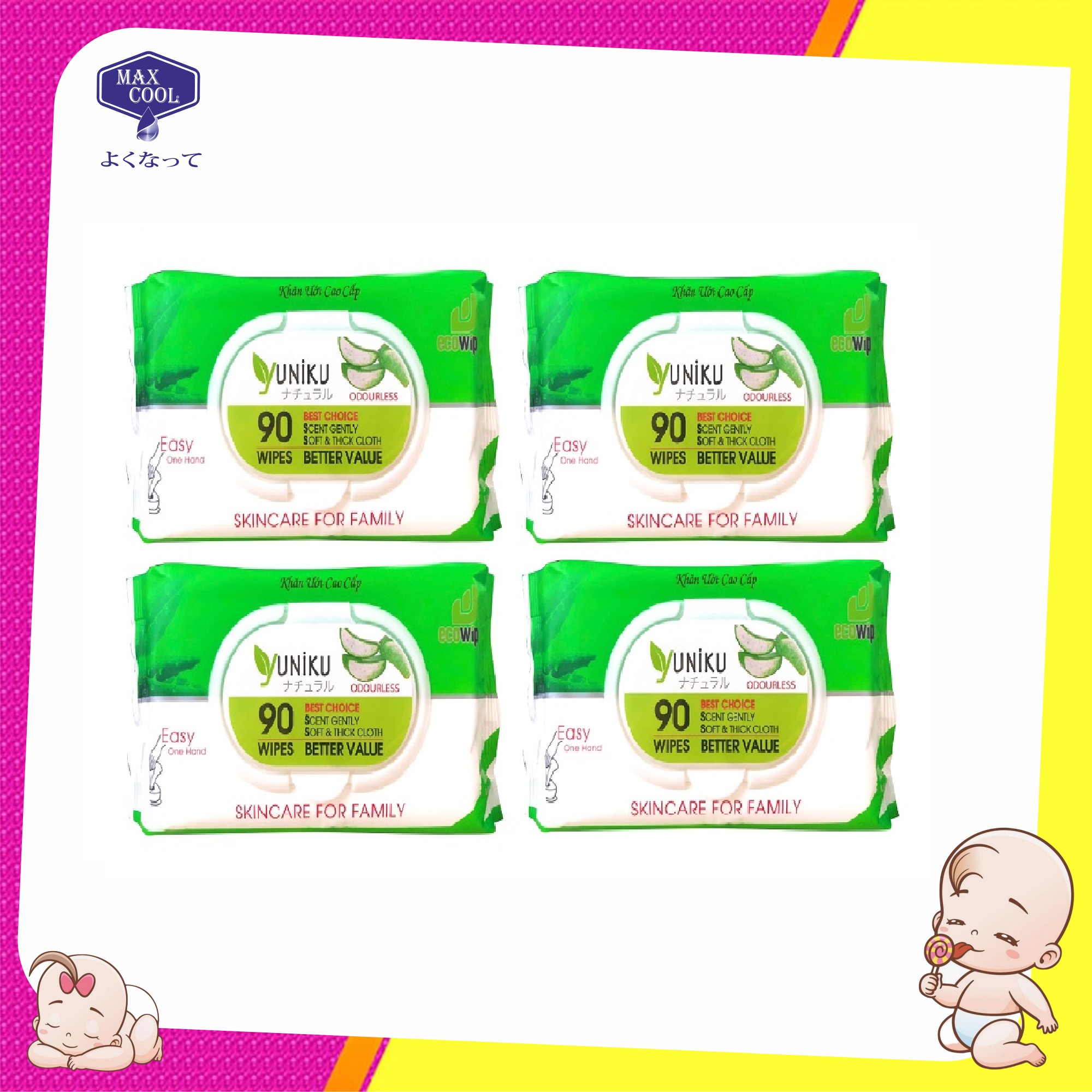 Combo 4 Gói Khăn Ướt Yuniku 90 Tờ Không Hương