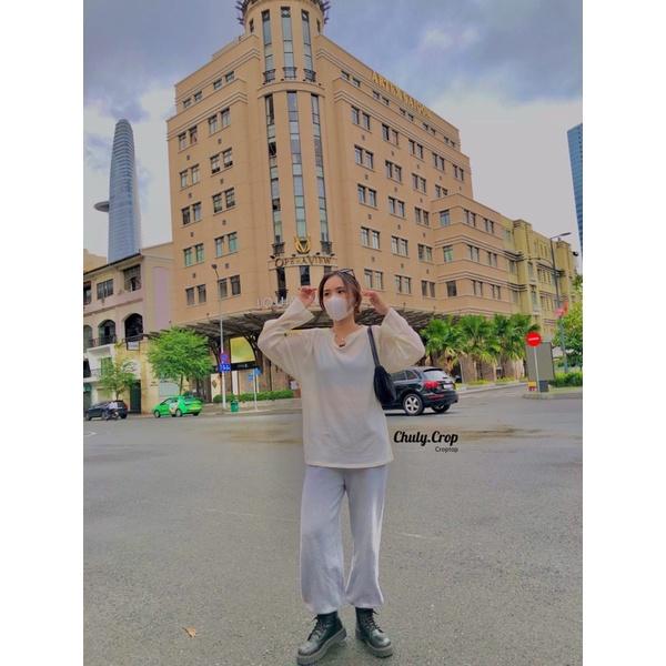 Áo thu đông len mỏng tay dài Unisex long tee Ảnh thật tại shop, màu trắng kem vintage