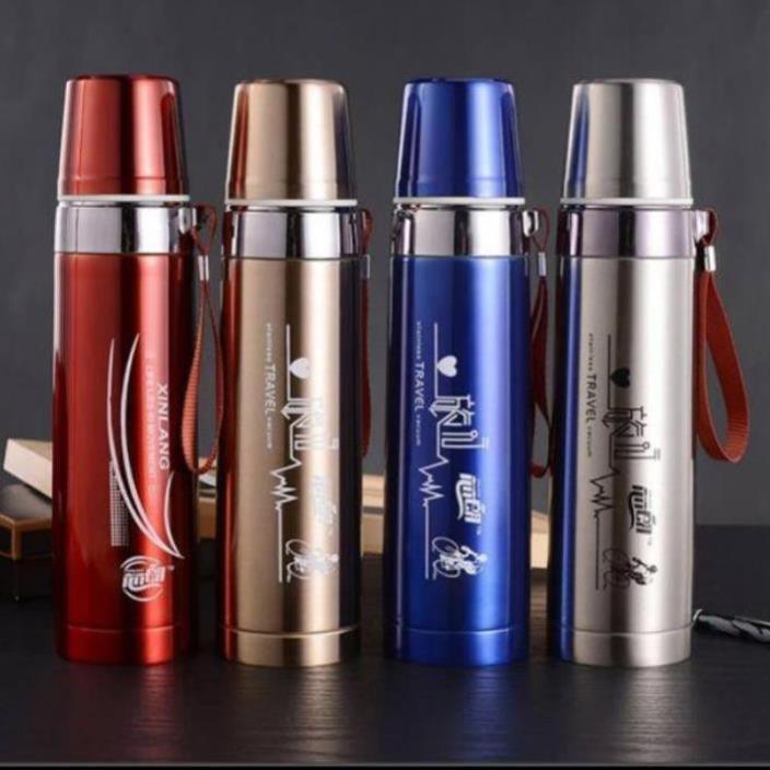 Bình giữ nhiệt Travel inox tráng bạng chống dính 800ml tiện lợi có nút nhấn để rót nước-GIAO NGẪU NHIÊN