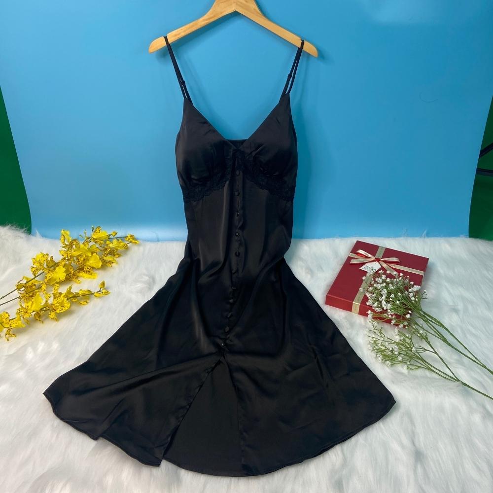Váy ngủ nữ, váy 2 dây lụa mềm quyến rũ VILADY - V123 màu đen huyền bí, thiết kế siêu sang, chất liệu lụa Pháp ( lụa latin) cao cấp