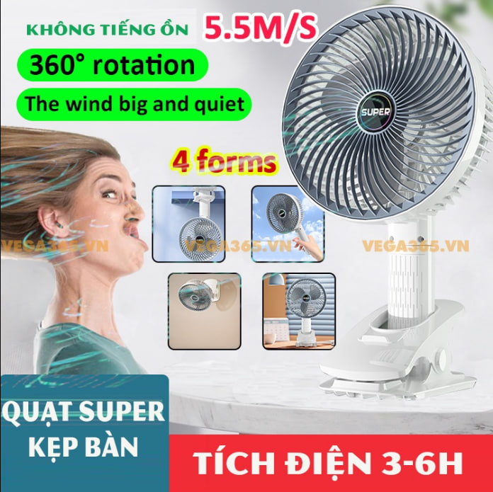 Quạt Mini Để Bàn, Quạt Tích Điện, USB -  Gấp Gọn 3 Nấc Gió, Điều Chỉnh Lên, Xuống, Trái Phải 360° _Kẹp Bàn, Gắn Tường, Cầm Tay Tiện Dụng