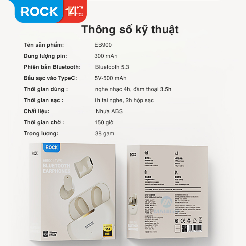 Tai nghe bluetooth không dây nhét tai Rockspace EB900 TWS có mic - Hàng chính hãng bảo hành 12 tháng