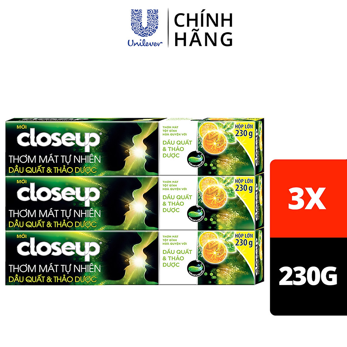 Combo 3 Kem đánh răng dạng gel sạch khuẩn Closeup Thơm Mát Tự Nhiên Dầu Quất & Thảo Dược 230g cho hơi thở thơm mát dài lâu